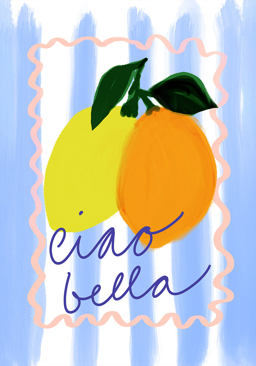 a vibrant illustration of two lemons and an orange, with the phrase "ciao bella" written in cursive below them.