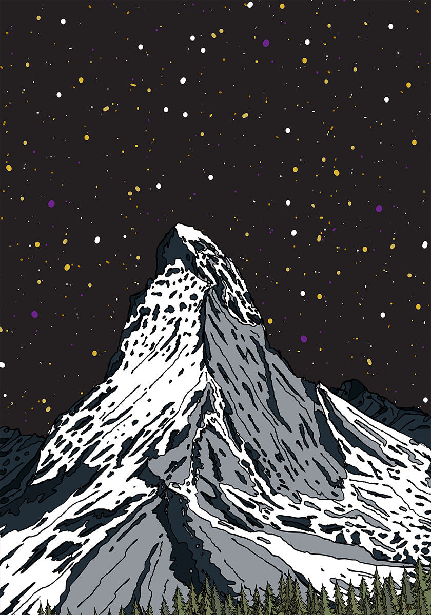 Snowy Mountain Under a Starry Night Sky Poster