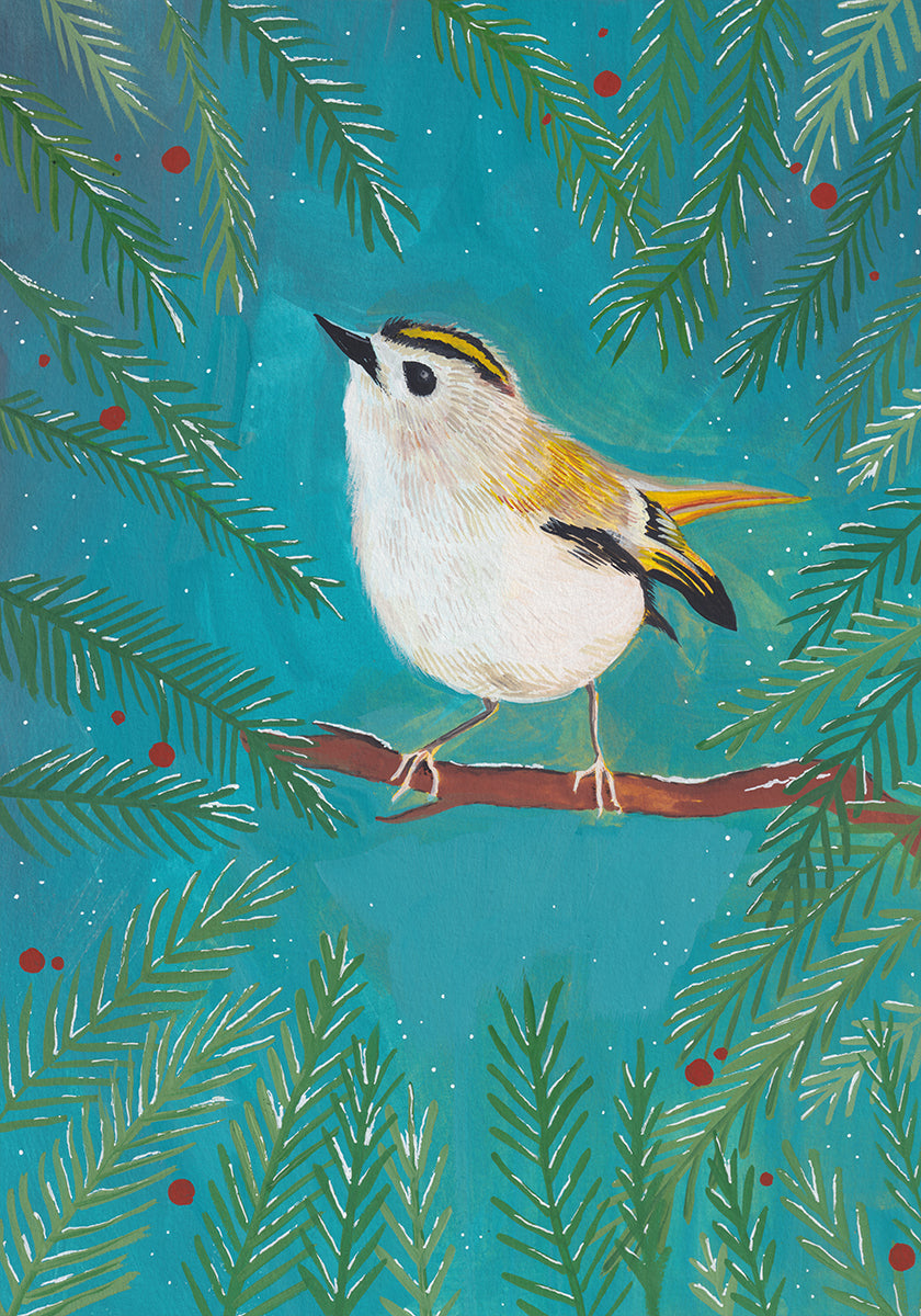 Goldcrest bird sitting in a tree Poster