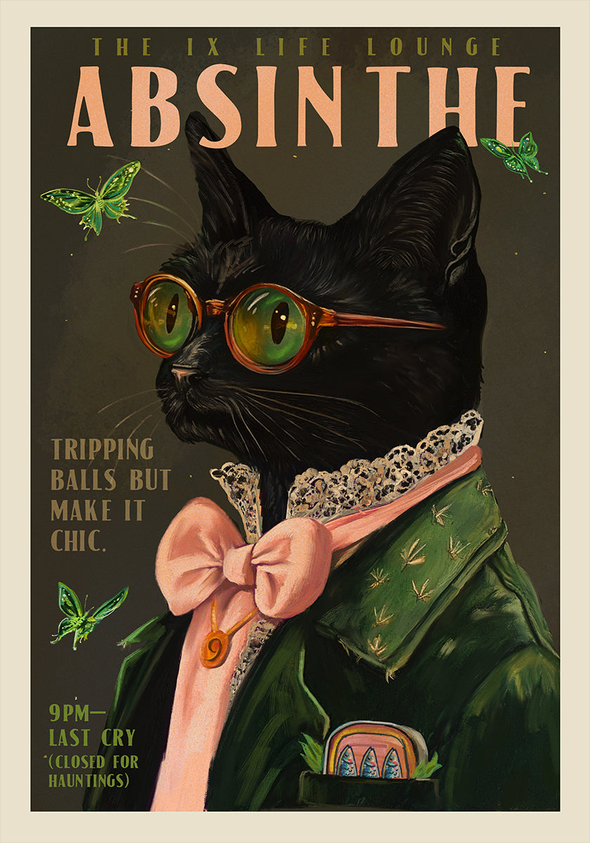 Chic Absinthe Cat Alcohol &amp; Cocktail Bar Art Poster