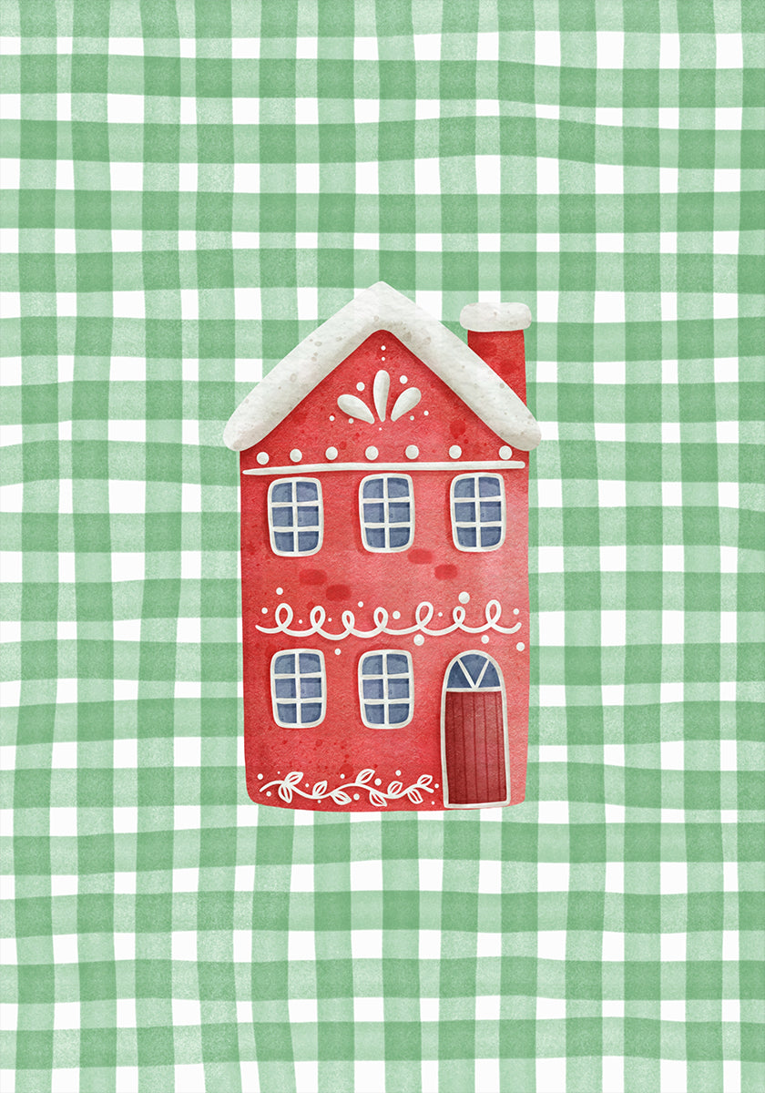 Cute Red Christmas House On Green Checks Poster