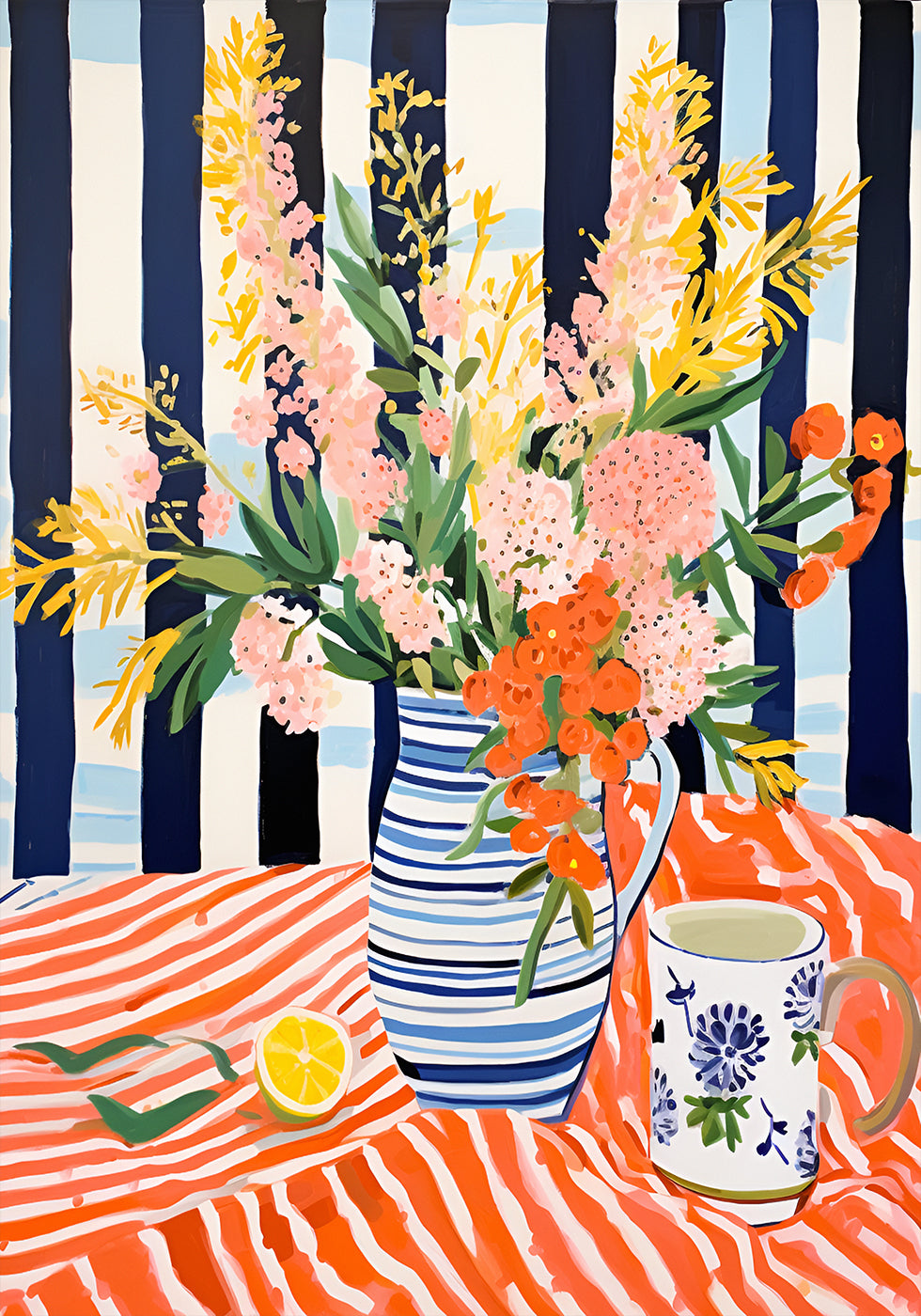 Summer Flowers, Striped Vase, Lemon Still Life Poster