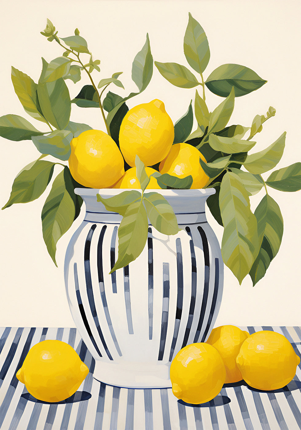Lemons in a Striped Vase, Mediterranean Still Life Poster