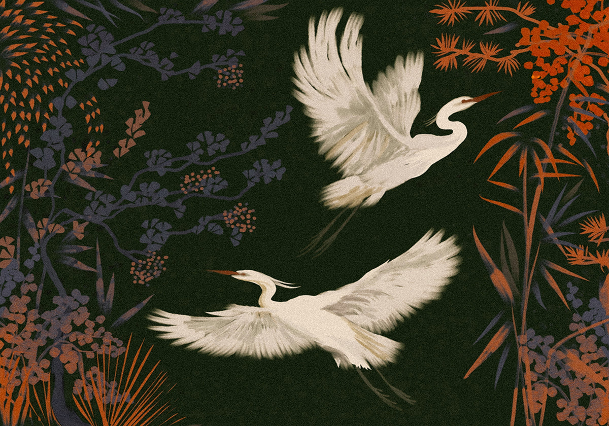 two white birds in flight against a dark green background, surrounded by vibrant orange and purple flowers and foliage.