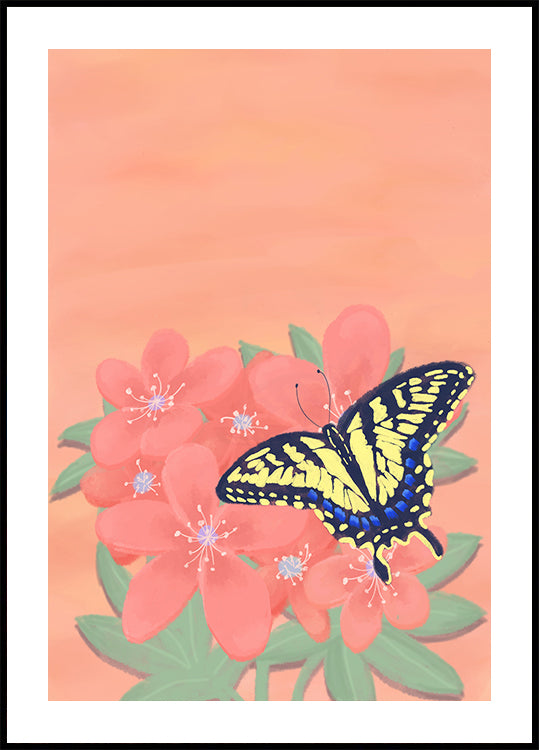 A yellow and black butterfly rests on pink flowers against a peach-colored background.