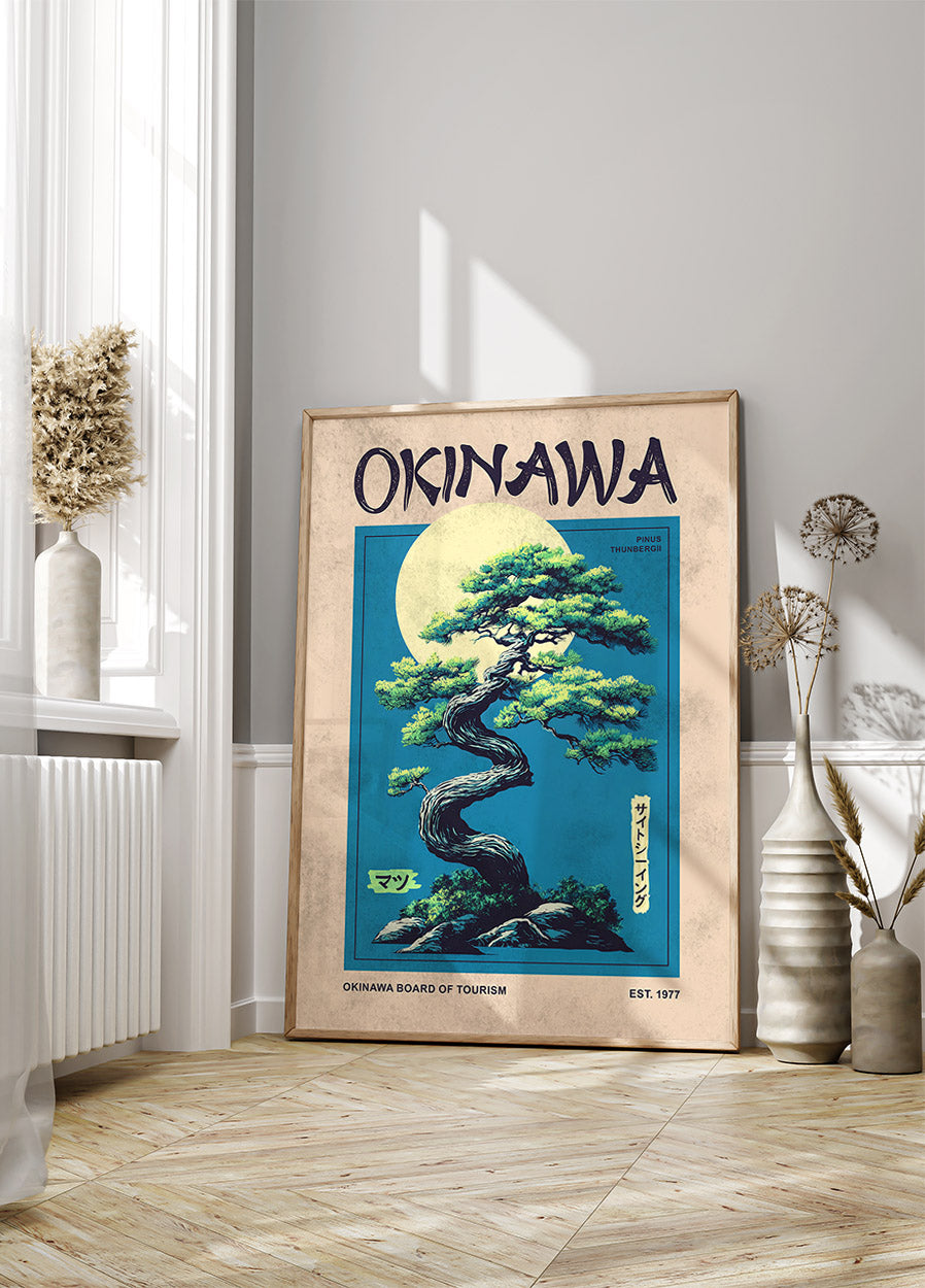Okinawa Spirit, Stylized Pine Tree and Moon Poster