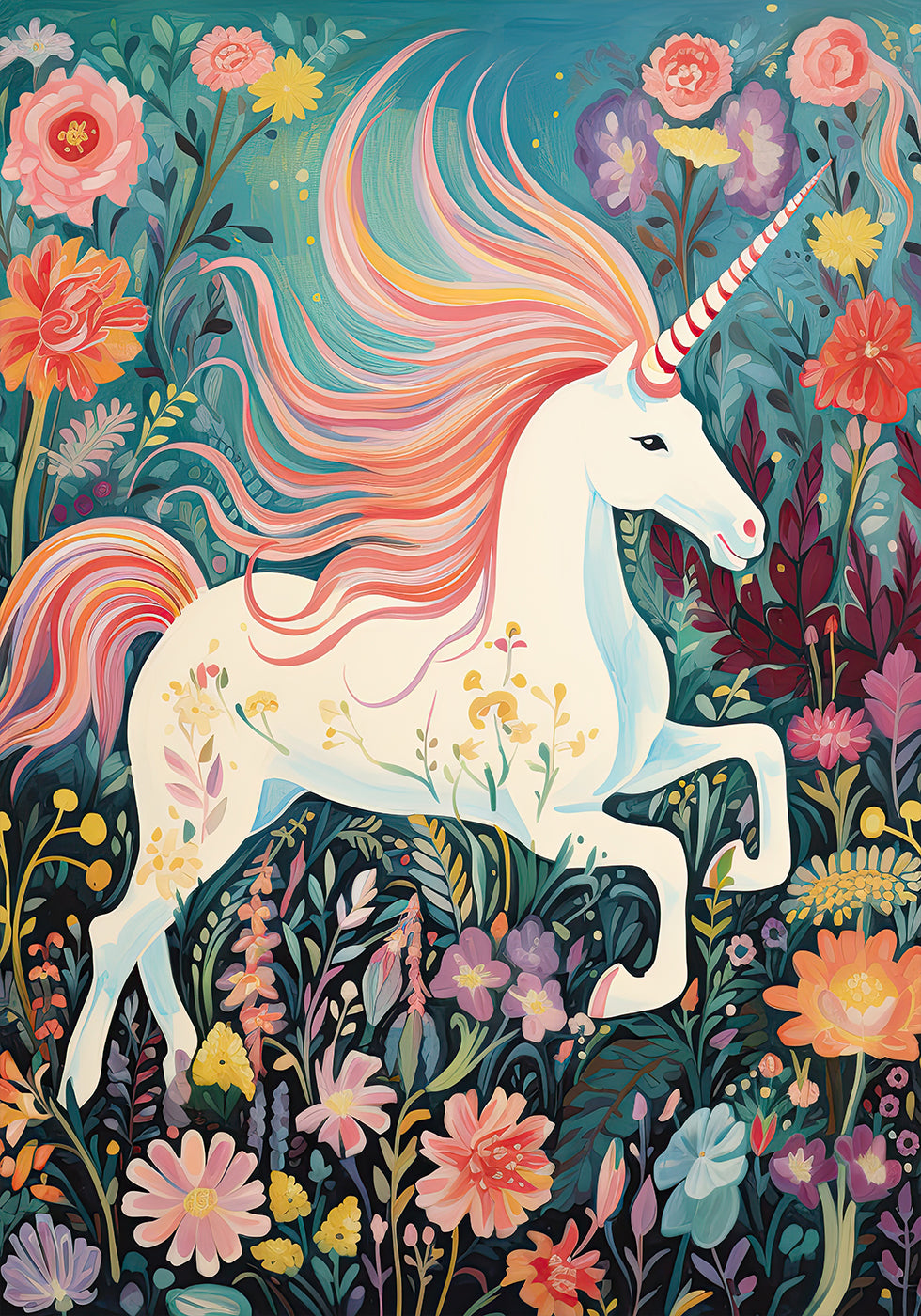 Magical Unicorn In Floral Meadow Poster