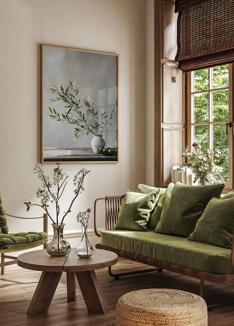 a living room filled with furniture and a painting on the wall