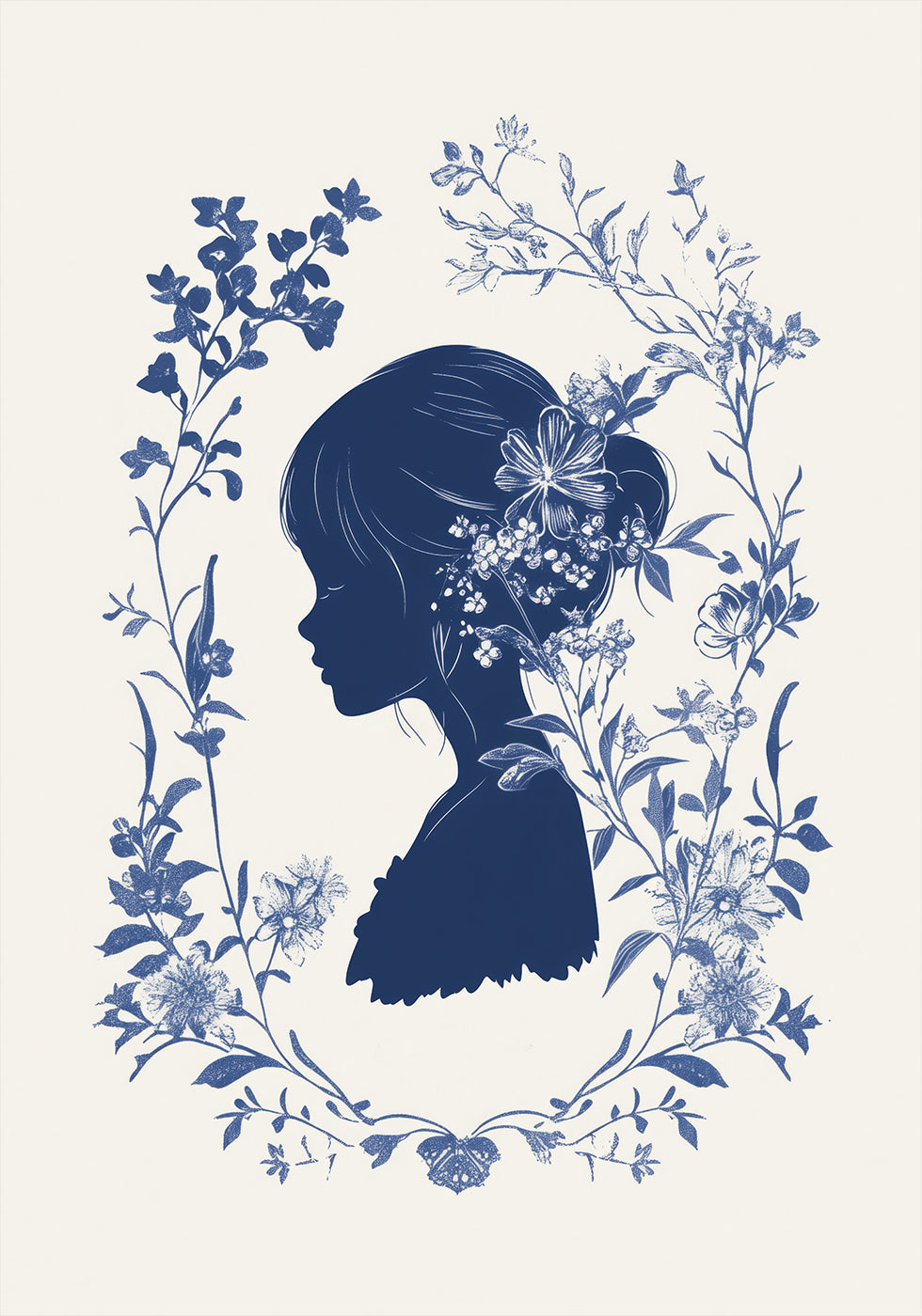 Floral Silhouette, Girl in Bloom, Indigo Botanical Poster