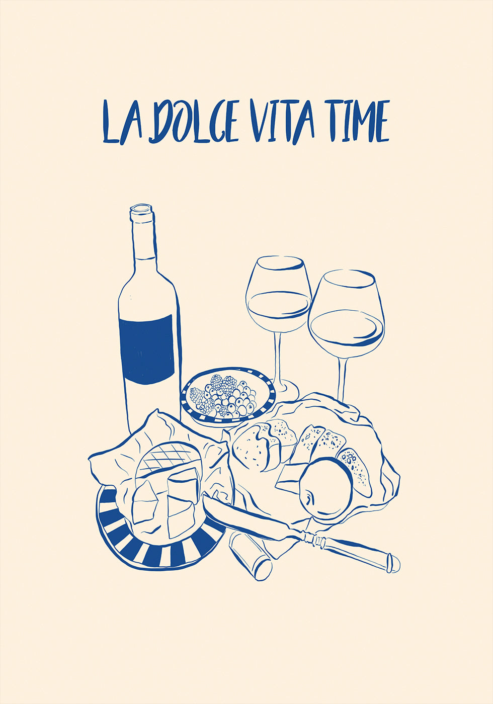 La Dolce Vita Time Print, Wine and Cheese Platter Poster