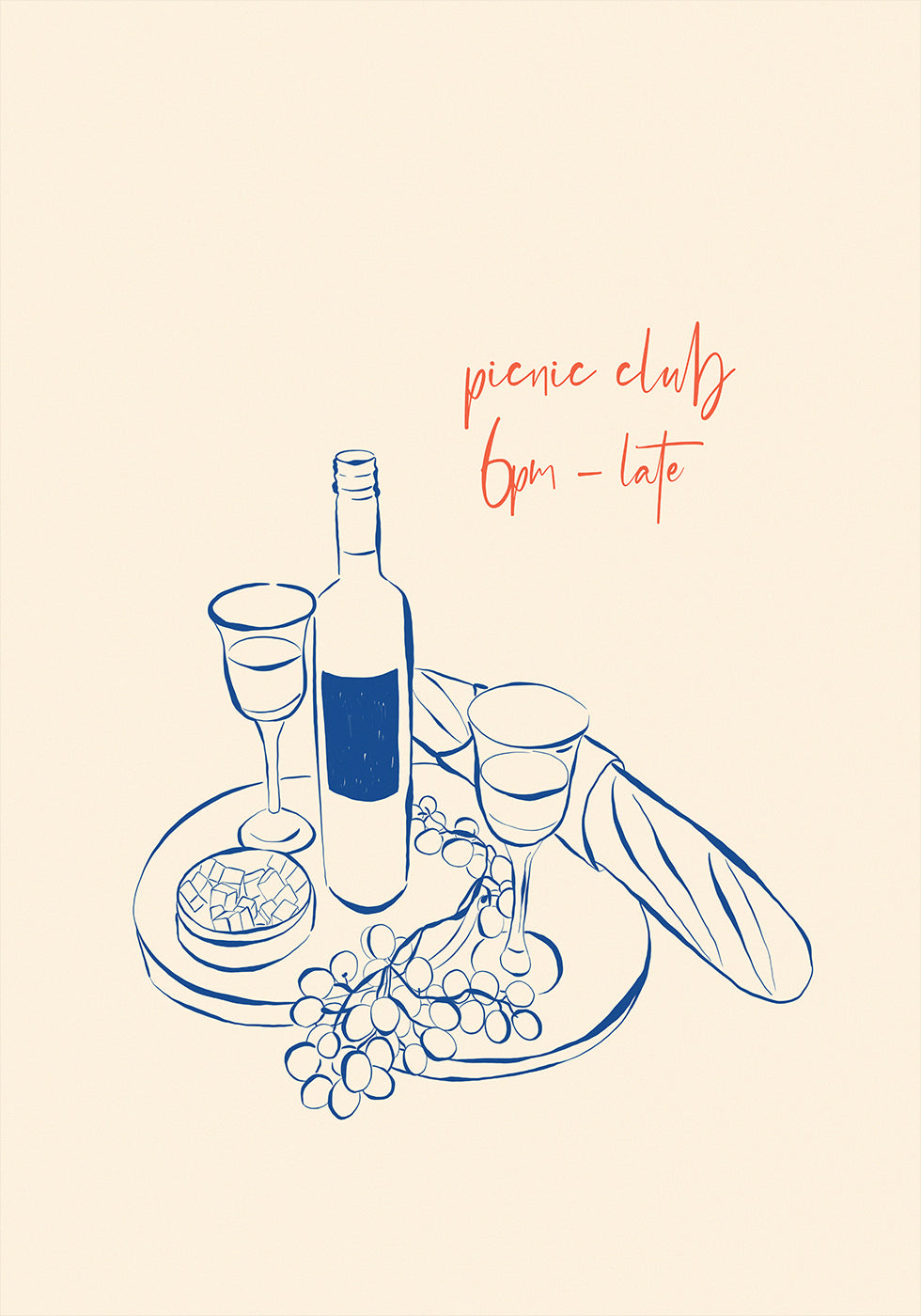 Picnic Club Print, Wine and Cheese Poster