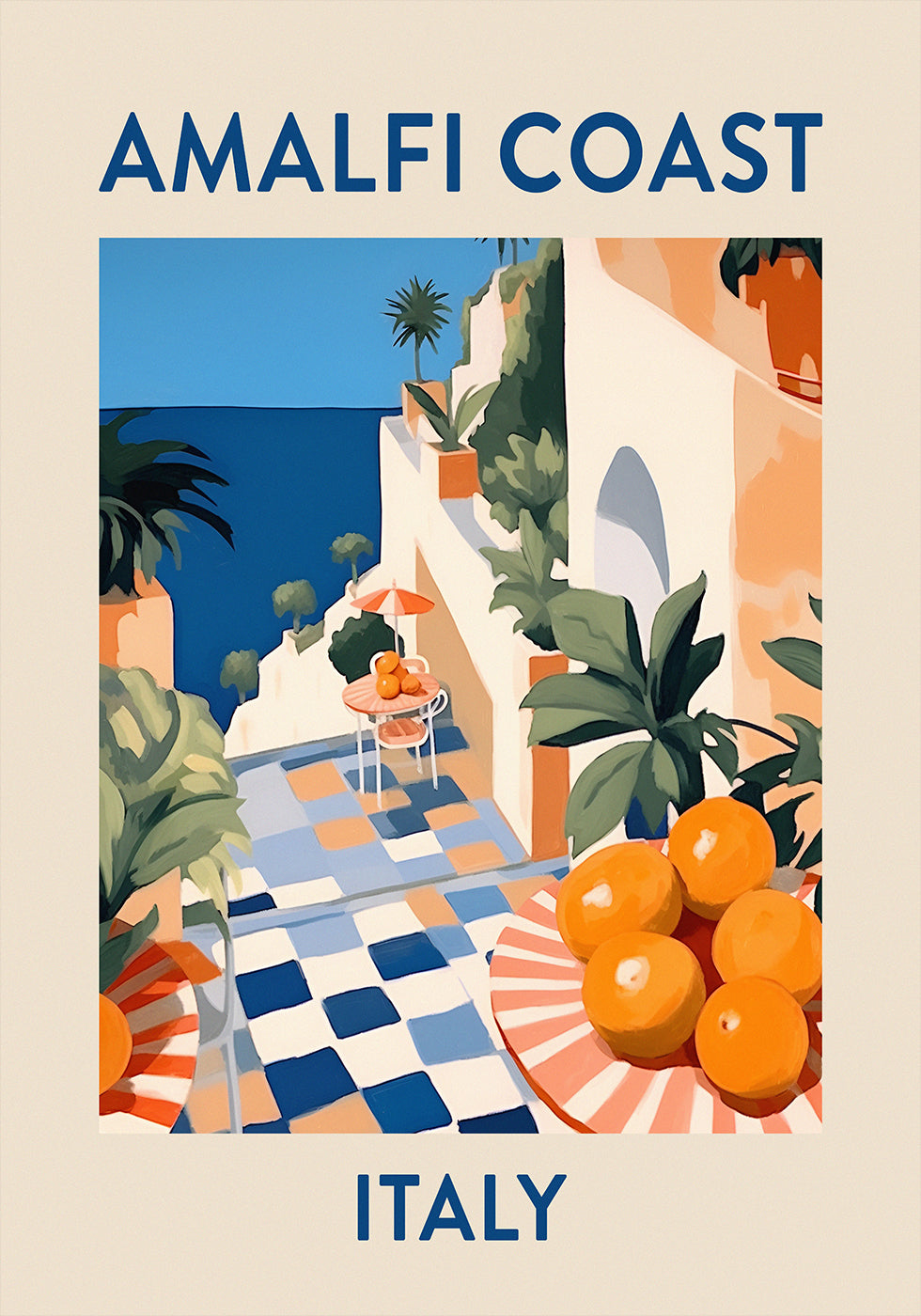 Amalfi Coast Print, Italy Travel Poster, Citrus Terrace Art, Mediterranean Summer Poster