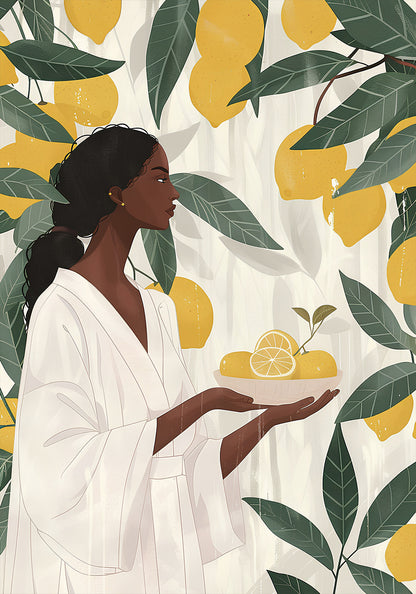 a painting of a woman holding a plate of lemons