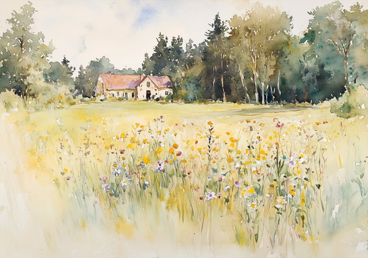 Wildflower Meadow, Country Cottage, Summer Landscape Watercolor Poster