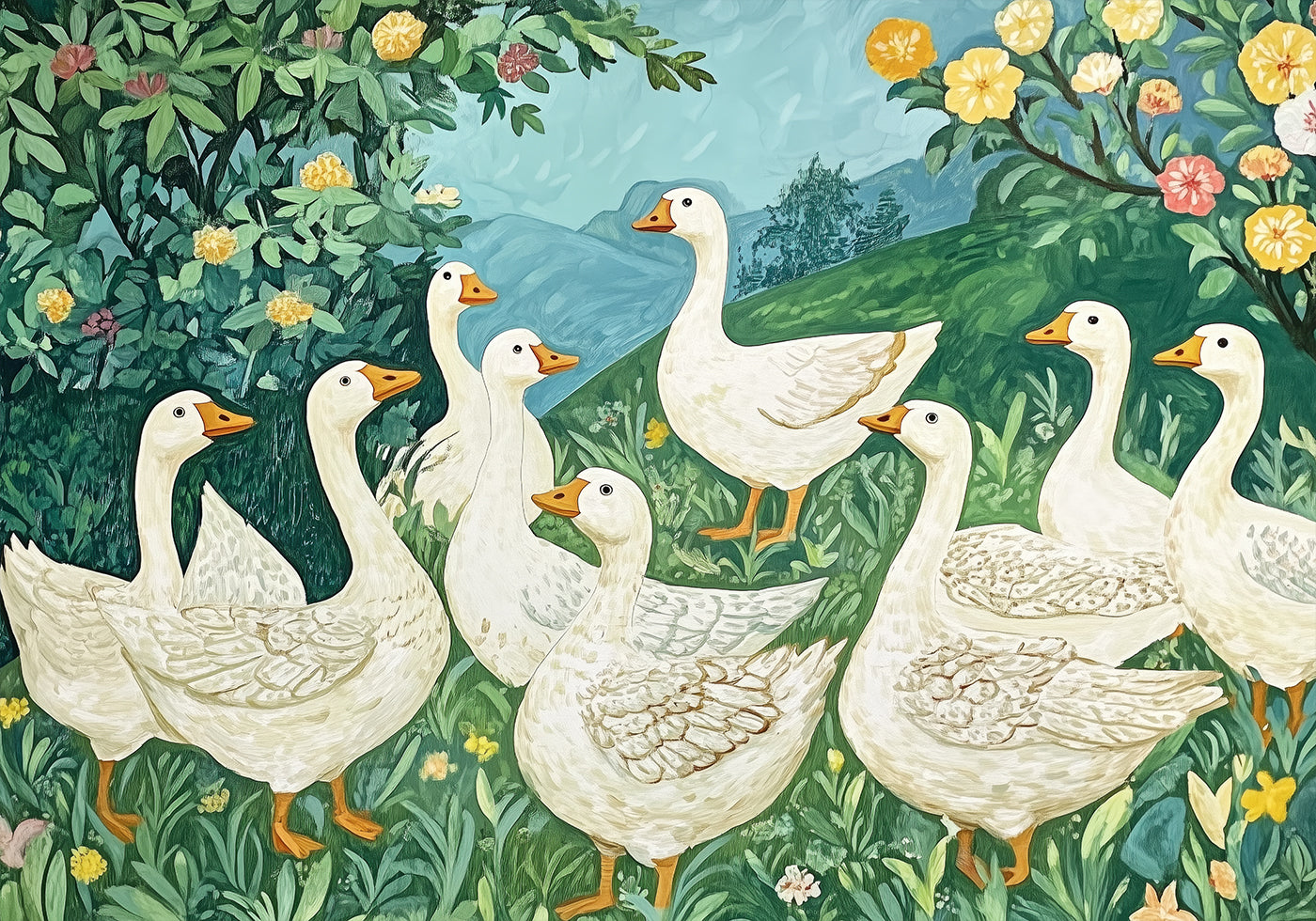 Garden Geese Gathering Poster