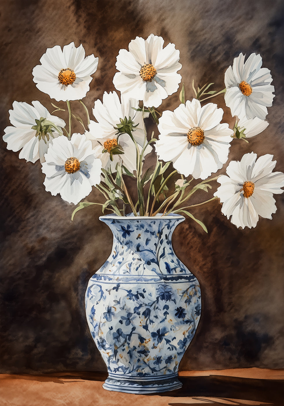 White Cosmos in Delft Vase, Floral Still Life Poster