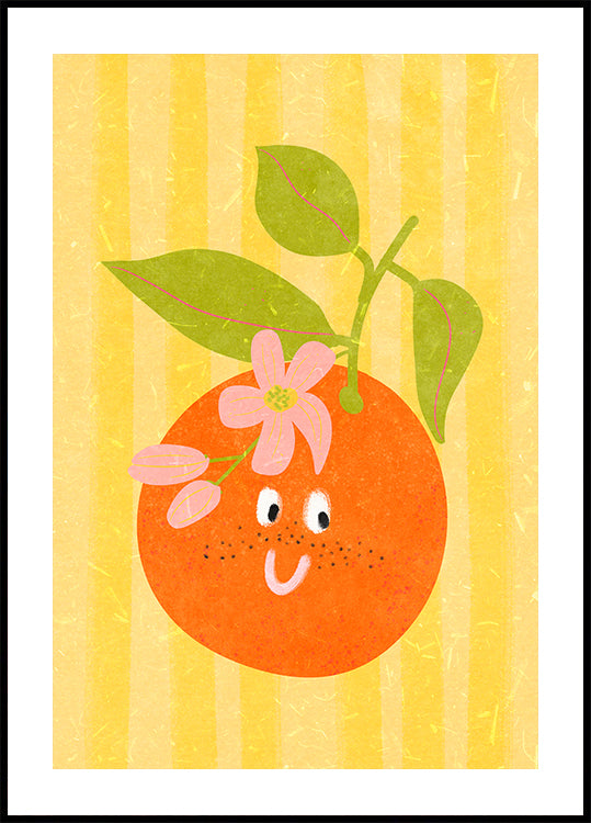 A cheerful orange with a flower on top, set against a yellow striped background.