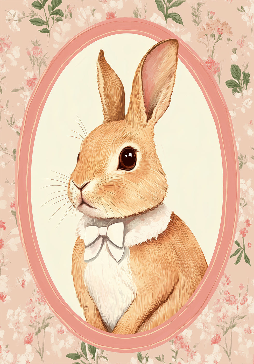 Dapper Bunny White Bow Floral Portrait Poster