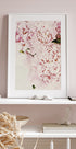 a picture of a pink flower on a shelf