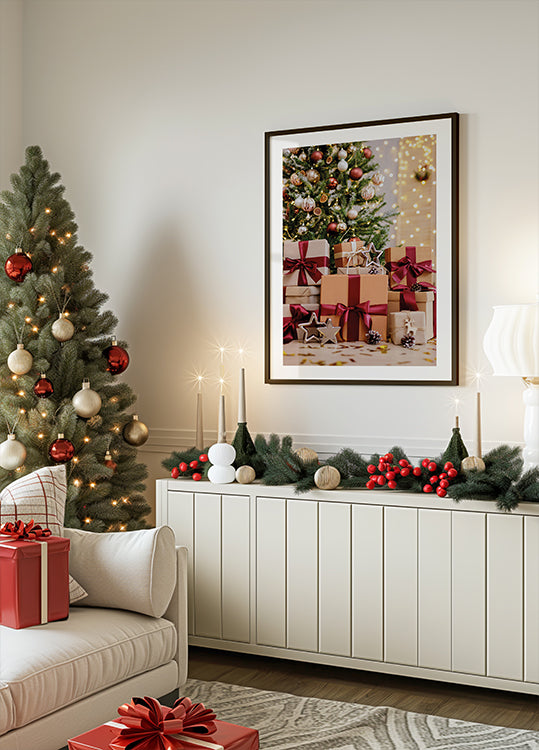 a living room decorated for christmas with a christmas tree