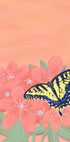A vibrant digital illustration of a butterfly with yellow and black wings perched on pink flowers against a peach-colored background.