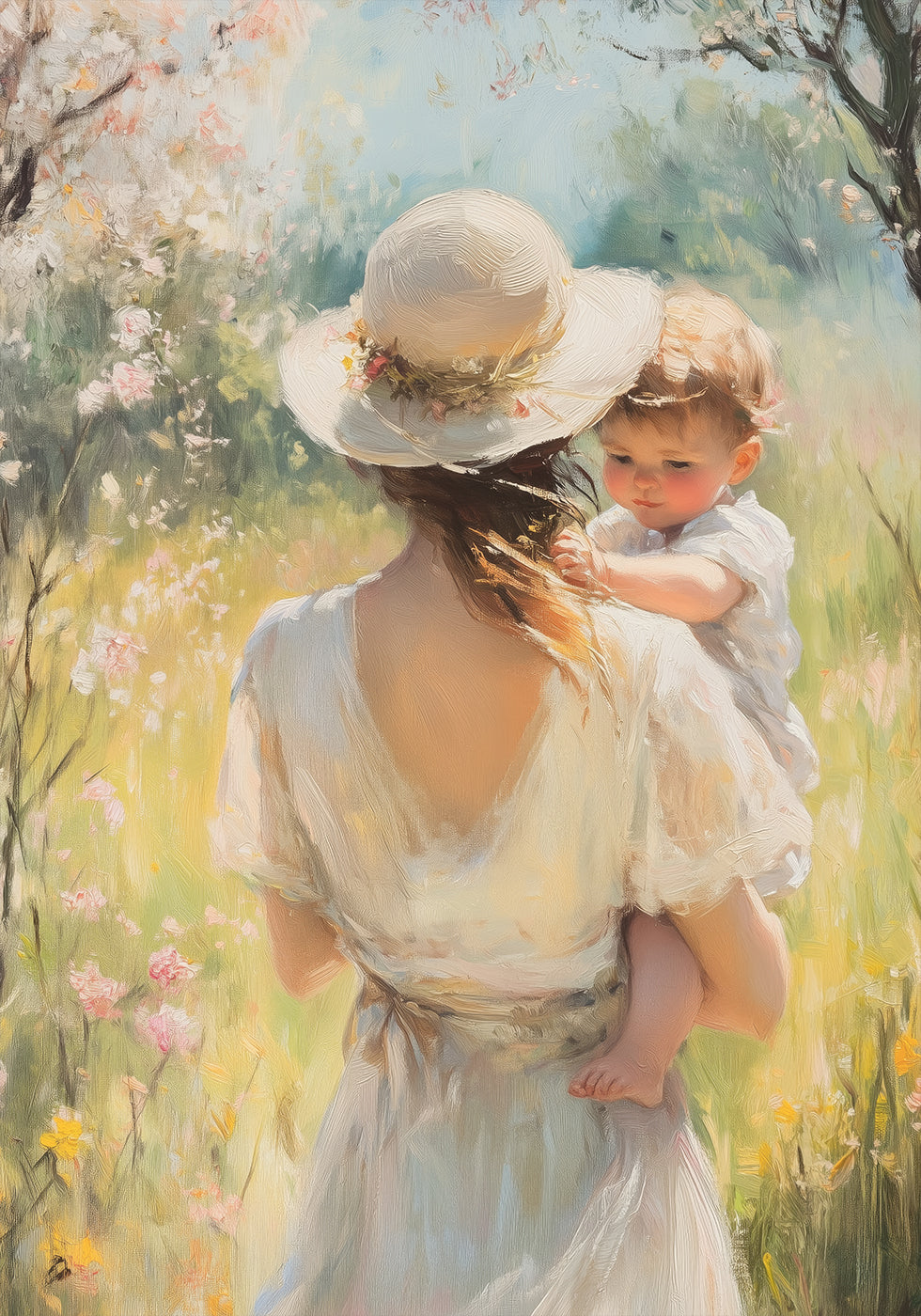 Mother and Child in Floral Meadow, Vintage Style Kids Poster