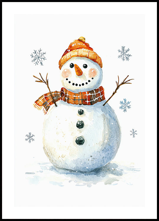 a watercolor painting of a snowman wearing a hat and scarf