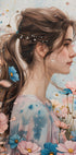 a painting of a girl in a field of flowers