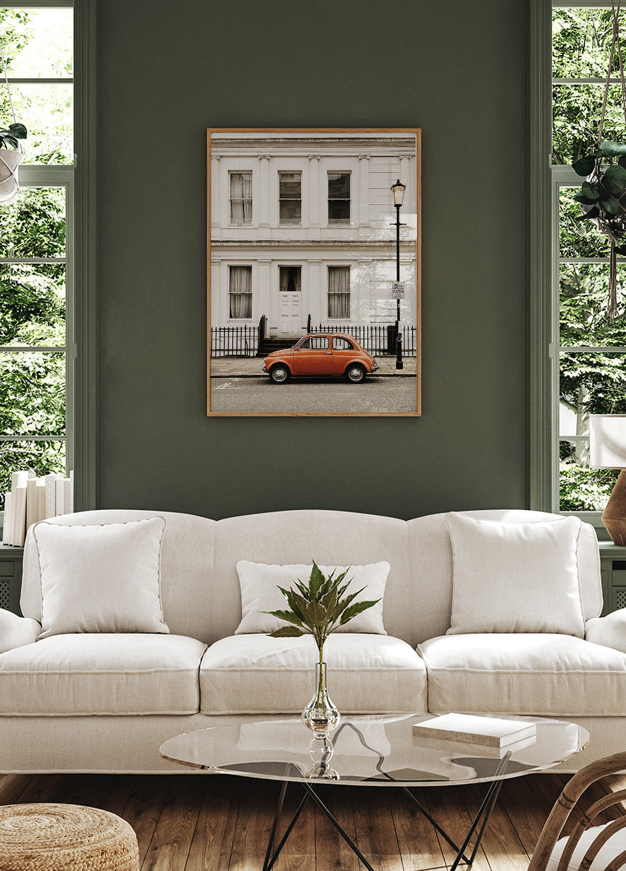 Charming Urban Scene with Orange Car Poster