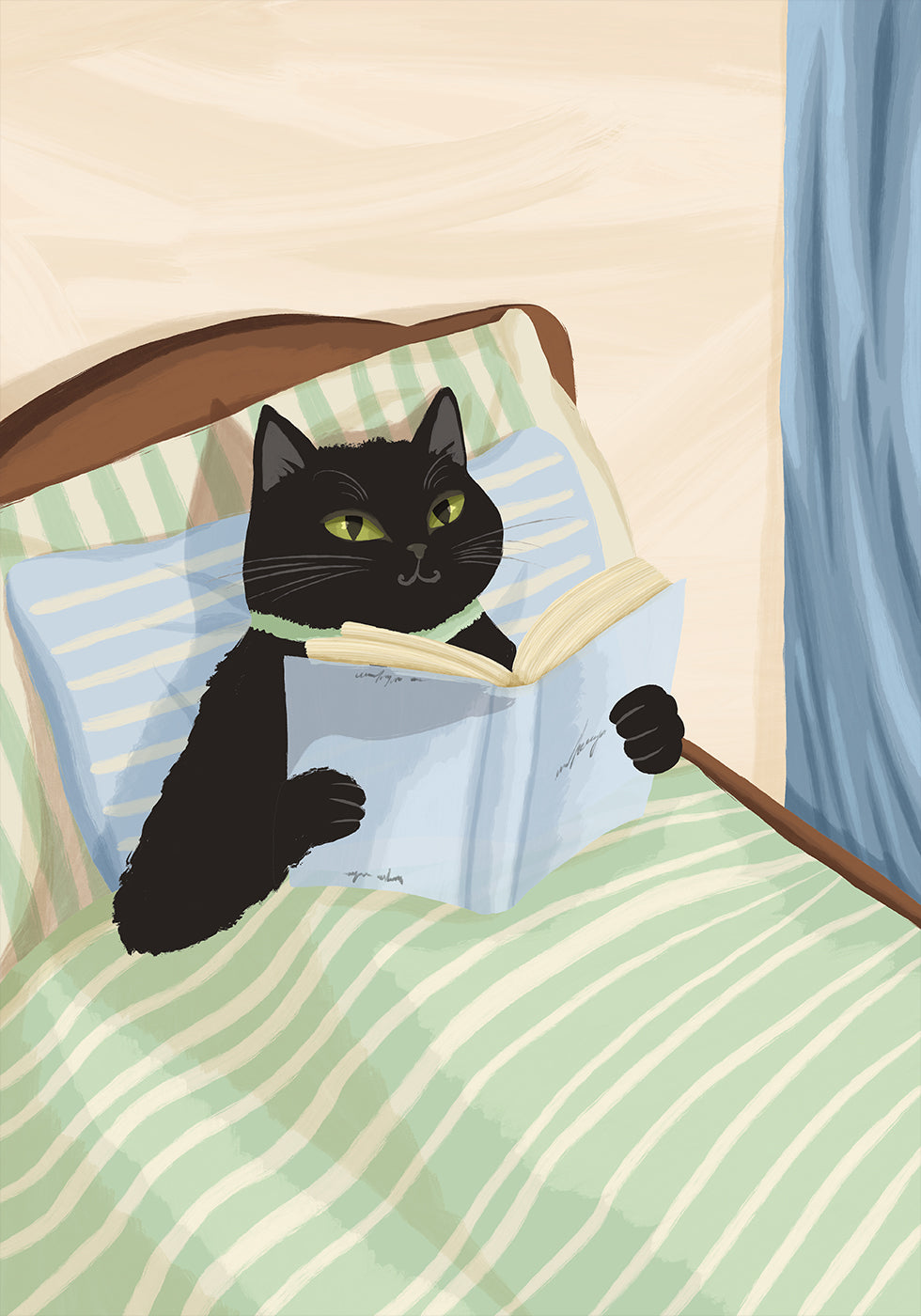 Cat Reading Print – Black Cat Wall Art, Cosy Bedroom Poster, Book Lover Cat Illustration, Cat in Bed Print, Reading Decor, Cat Book Art Poster