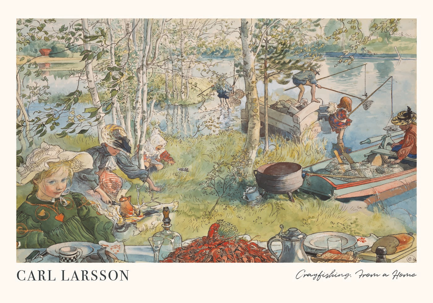 Crayfishing, riverside summer family scene Poster