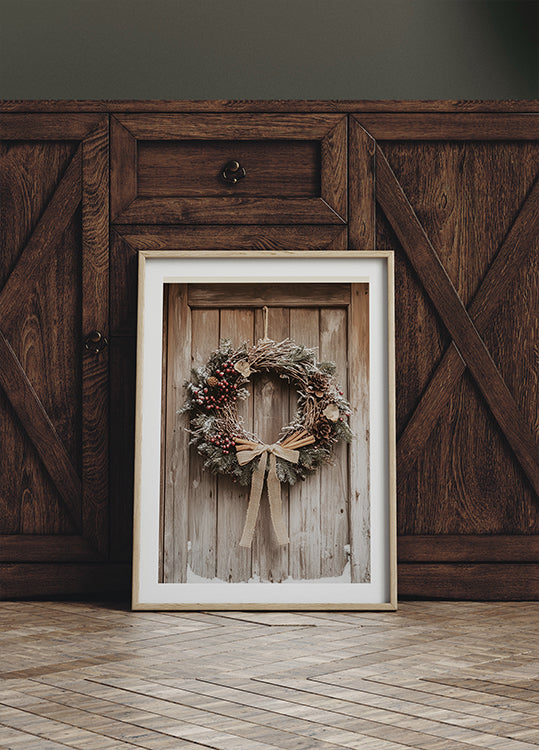 Christmas Wreath on a Wooden Door Poster