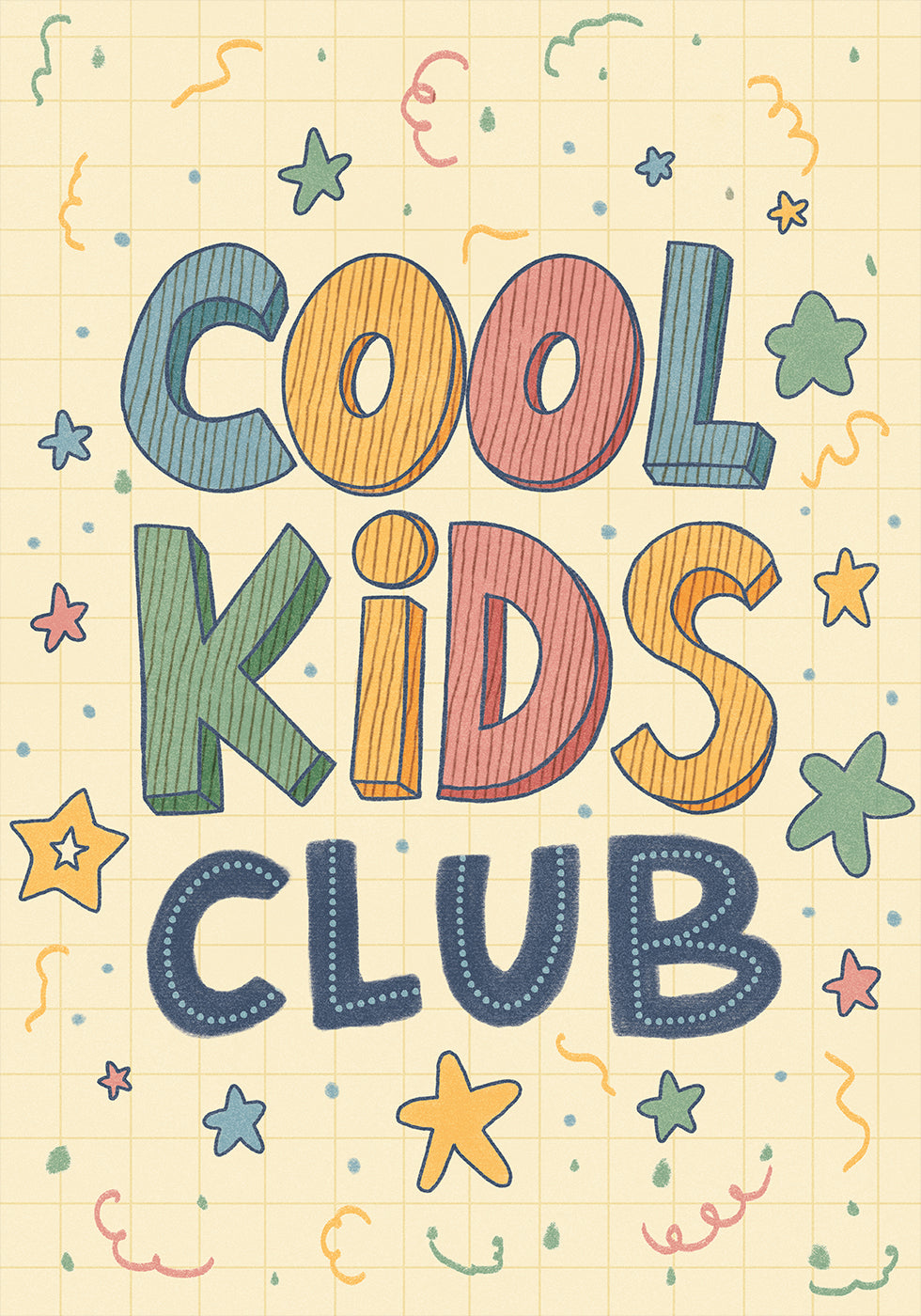 Cool kids club print in with stripey blue background, scalloped kids retro bedroom playroom, scandi nursery decor