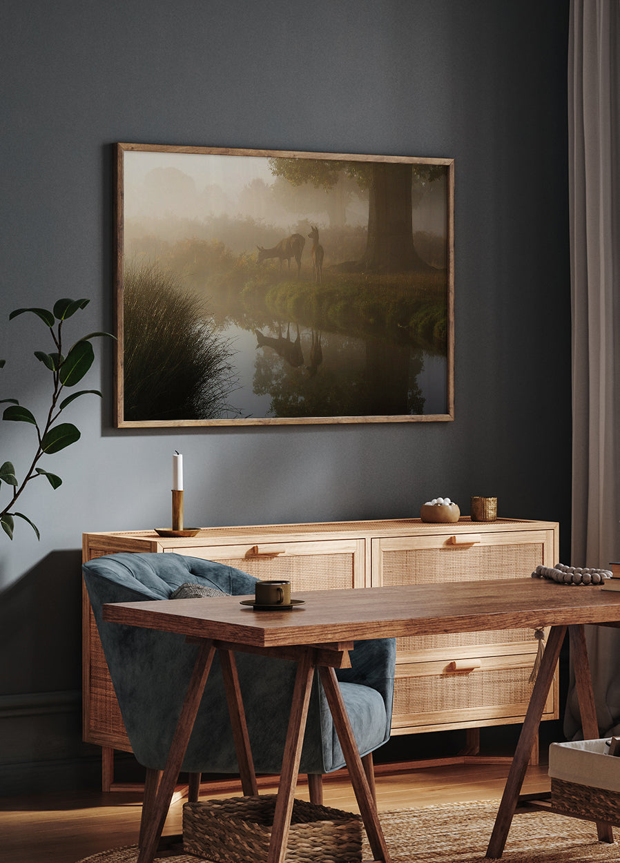 Misty Deer Reflection Poster