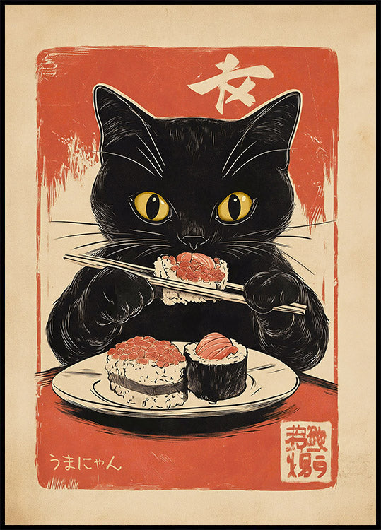 Retro Sushi Feast, Hungry Cat Artwork Poster
