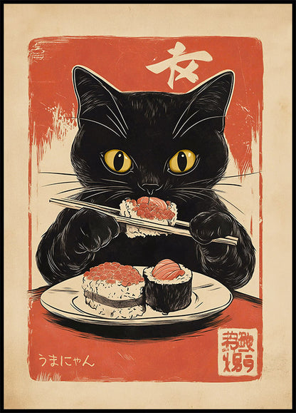 Retro Sushi Feast, Hungry Cat Artwork Poster