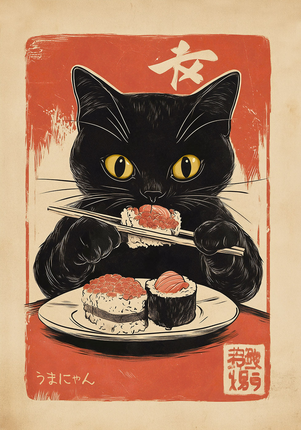 Retro Sushi Feast, Hungry Cat Artwork Poster