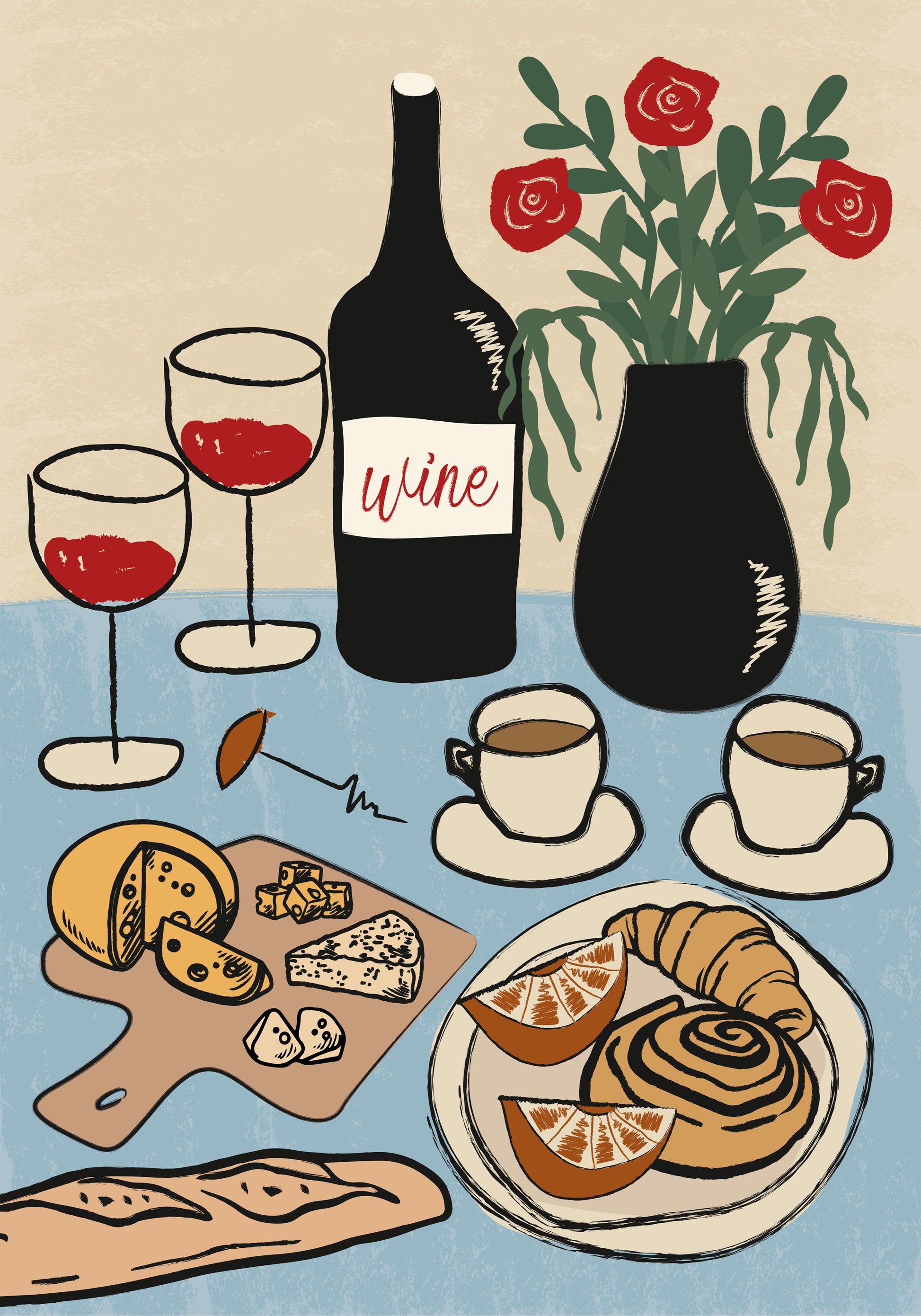 Dinner Table, French Wine and Cheese Setting Poster