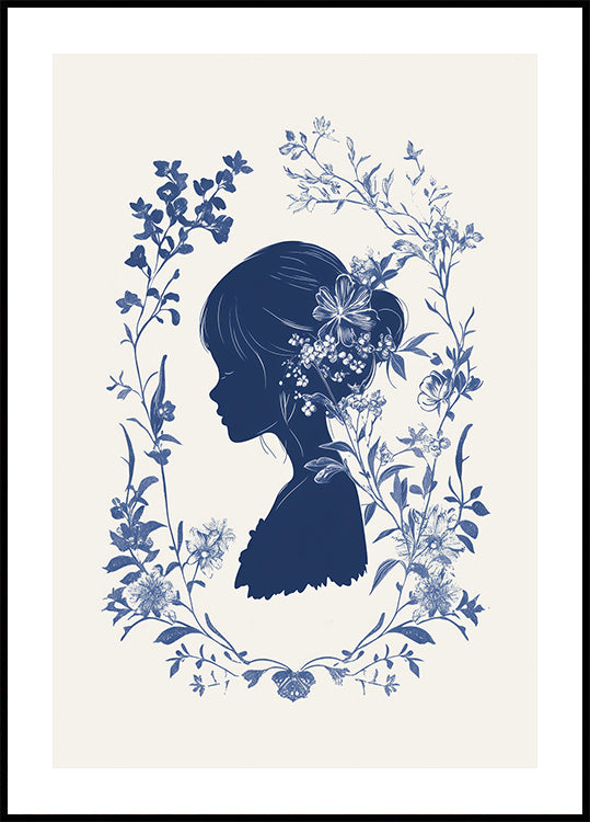 Floral Silhouette, Girl in Bloom, Indigo Botanical Poster