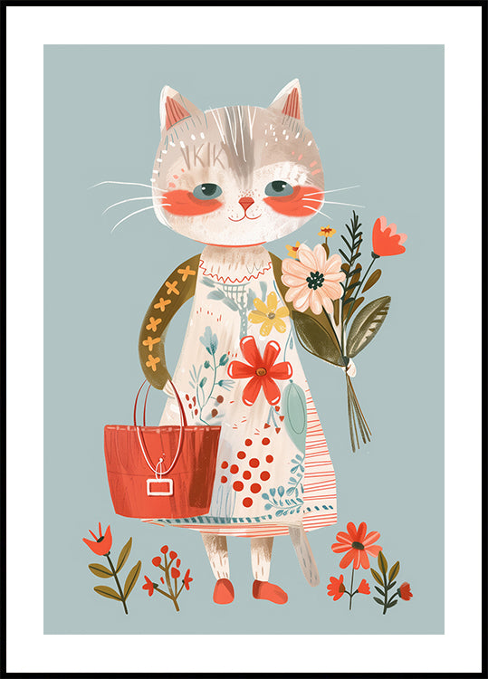 Cat in Floral Dress Holding Flowers Poster