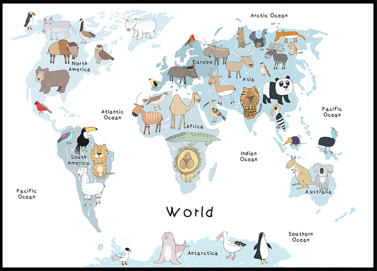 Illustrated Map of the World with Cute Animals  Poster