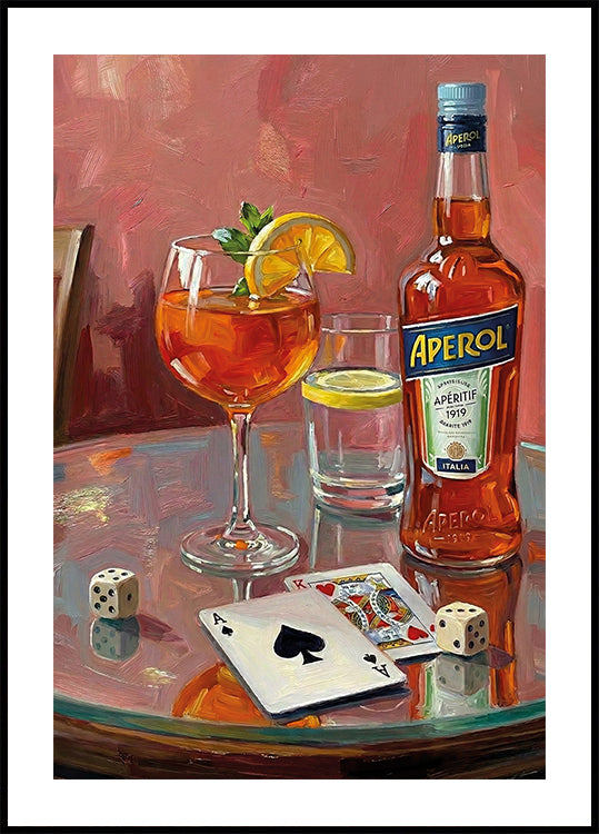 Cocktail Dice &amp; Cards Wall Art, Retro Bar Poster with Aperol Drink, Gambling Table Still Life Print, Vintage Pub Decor Poster