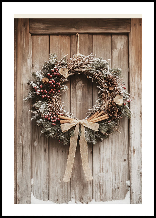 Christmas Wreath on a Wooden Door Poster