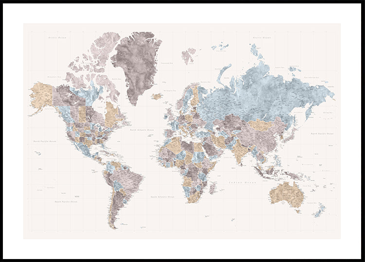 Mahler highly detailed world map with cities Poster