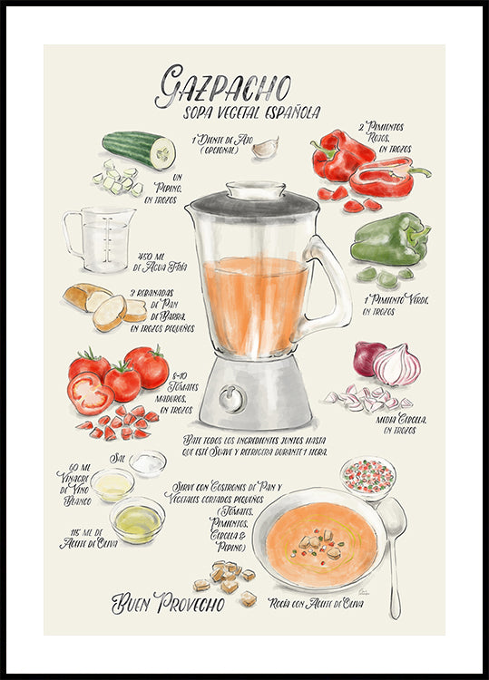 Gazpacho illustrated recipe in Spanish Poster