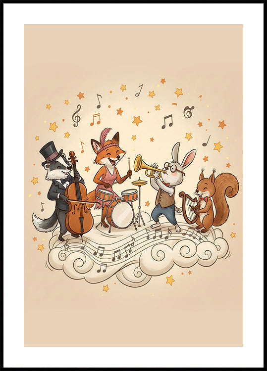 Animal Band Nursery Wall Art, Whimsical Illustration, Cute Kids Music Print, Playful Baby Room Poster, Jungle Animal Nursery Decor