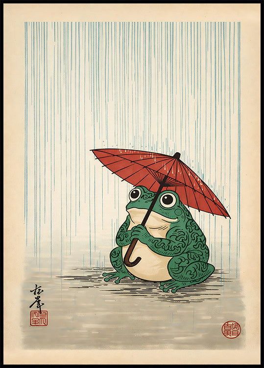 Japanese Frog with Umbrella Poster, Woodblock Art Print Poster