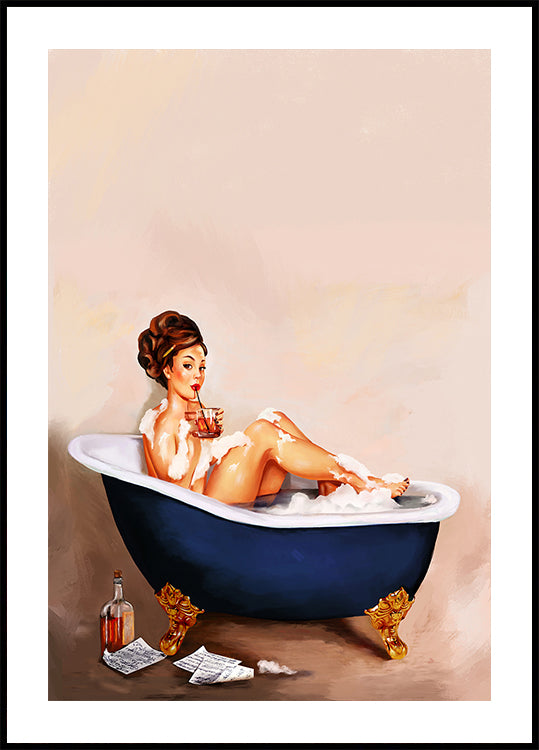 Bathtub Drinks: Pinup Girl Drinking In Bathroom Poster