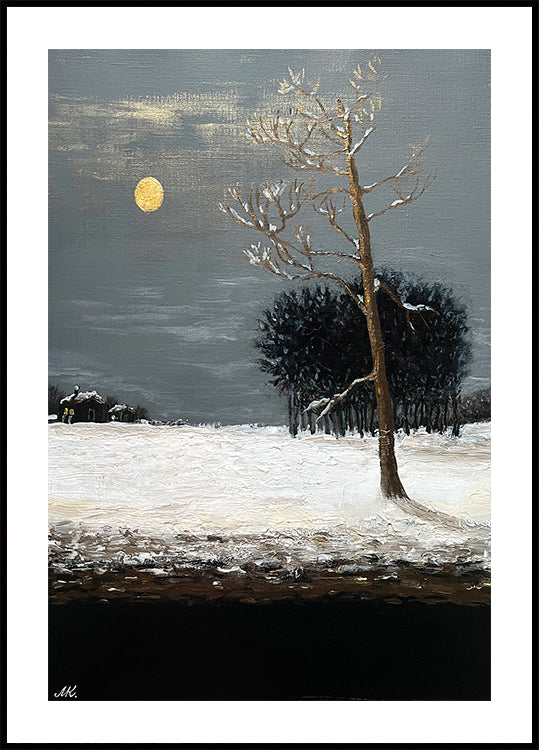 On the Outskirts of a Snowy Evening Forest Painting – Moonlit Winter Landscape Art for Home, Office or Gift Interior Poster