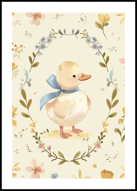 Duckling in Floral Wreath Poster